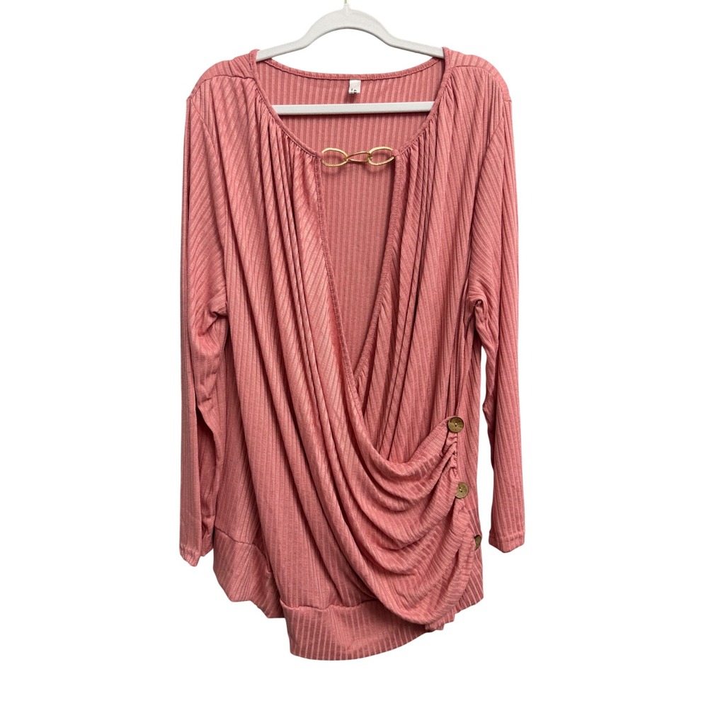 Rosegal Pink Ribbed Surplice Top Gold Chain Accent Long Sleeve 4XL